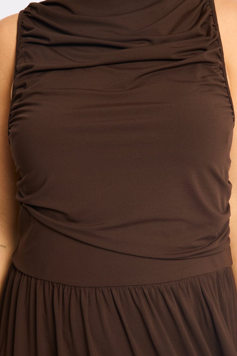 Brown Maxi Dress Sleeveless Ruched for YouandAll Fashion