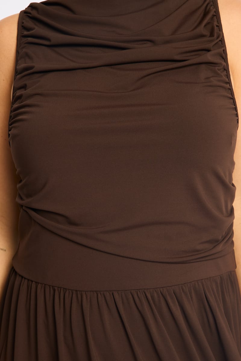 Brown Maxi Dress Sleeveless Ruched for YouandAll Fashion