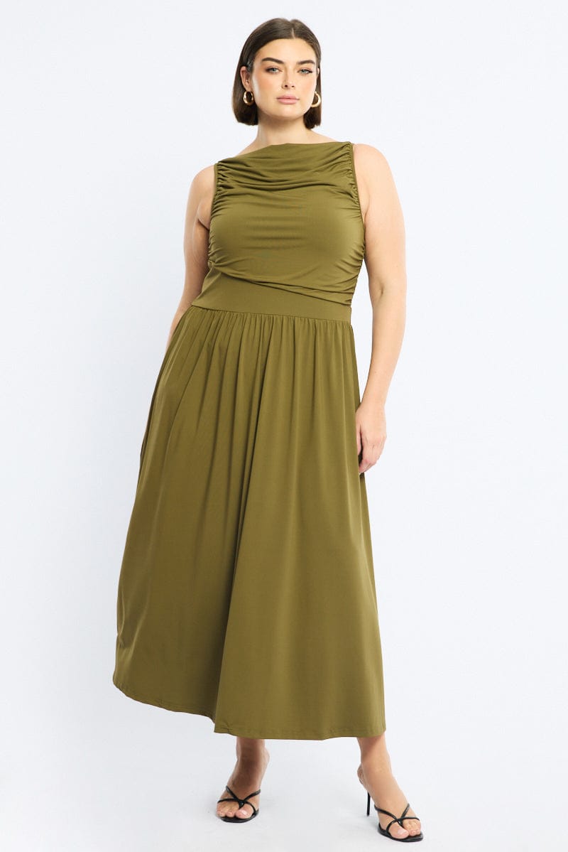 Green Maxi Dress Sleeveless Ruched for YouandAll Fashion