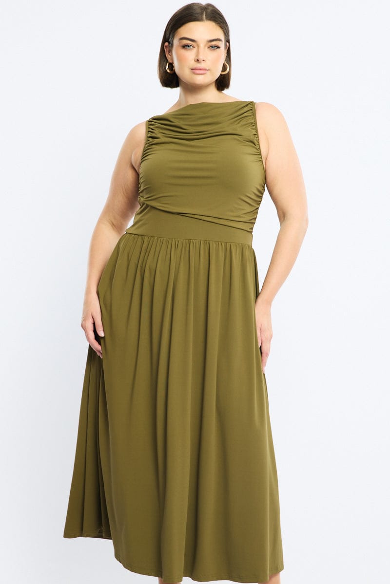 Green Maxi Dress Sleeveless Ruched for YouandAll Fashion