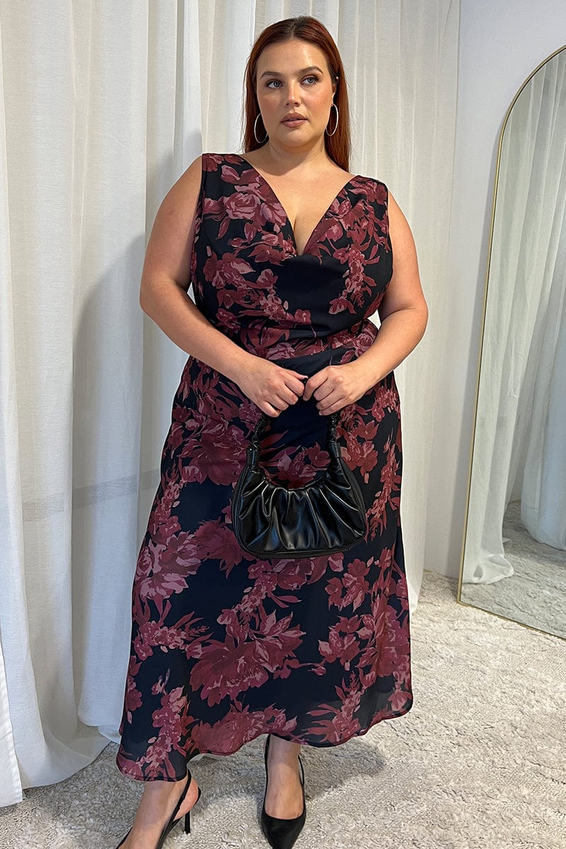Red Floral Maxi Dress Sleeveless Cowl Neck for YouandAll Fashion