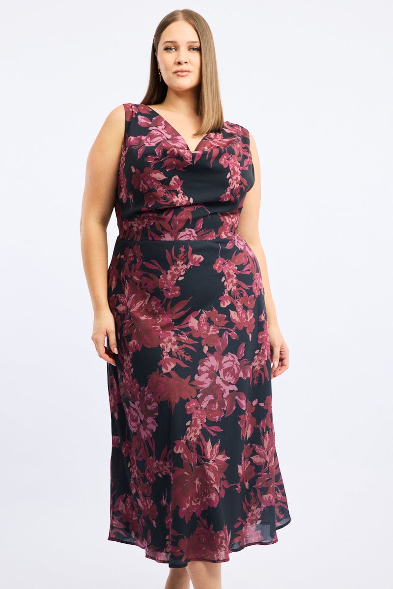 Red Floral Maxi Dress Sleeveless Cowl Neck for YouandAll Fashion