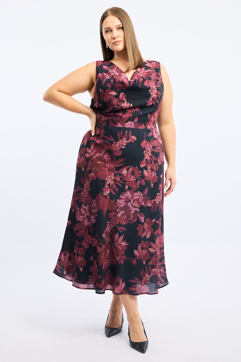 Red Floral Maxi Dress Sleeveless Cowl Neck for YouandAll Fashion