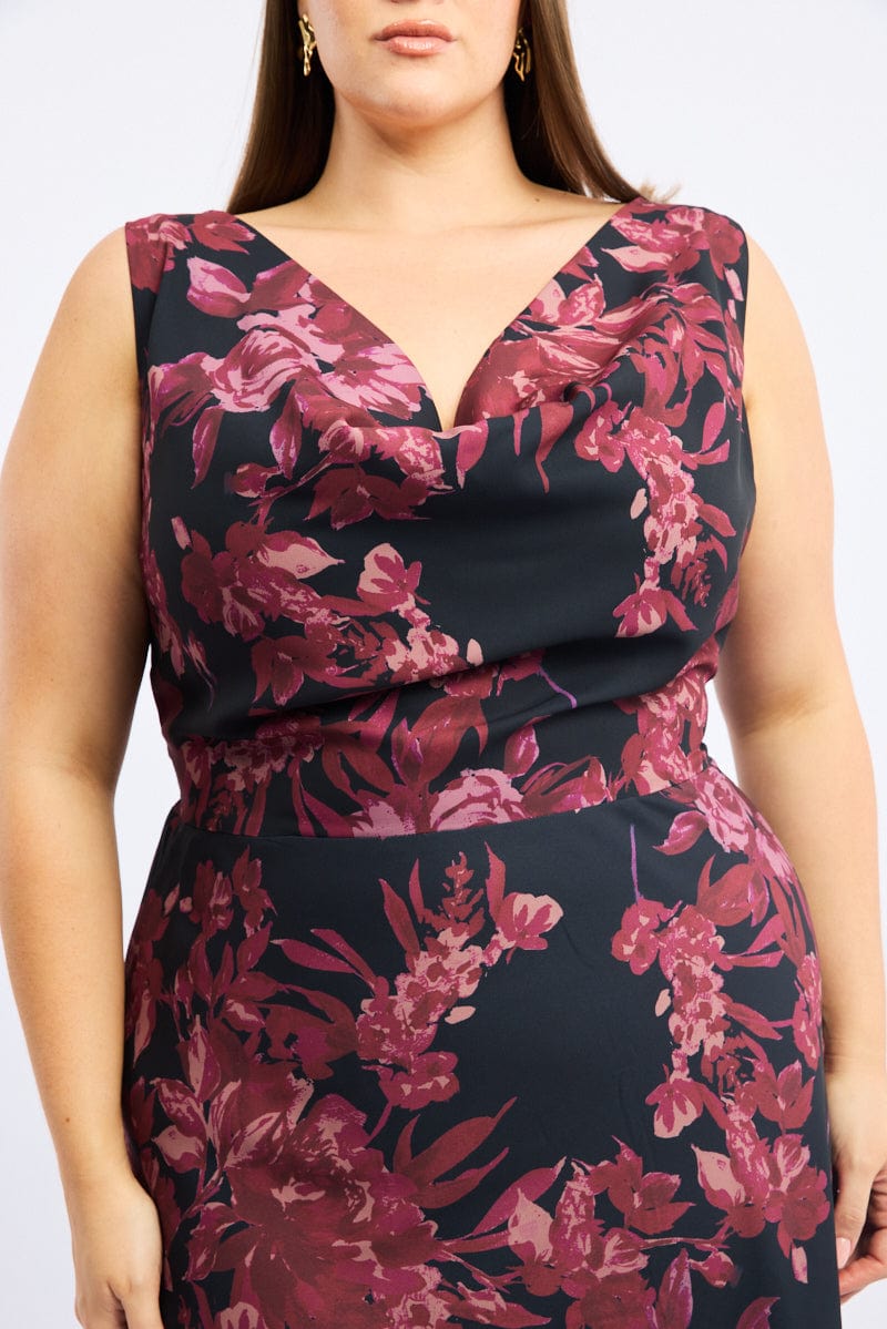 Red Floral Maxi Dress Sleeveless Cowl Neck for YouandAll Fashion