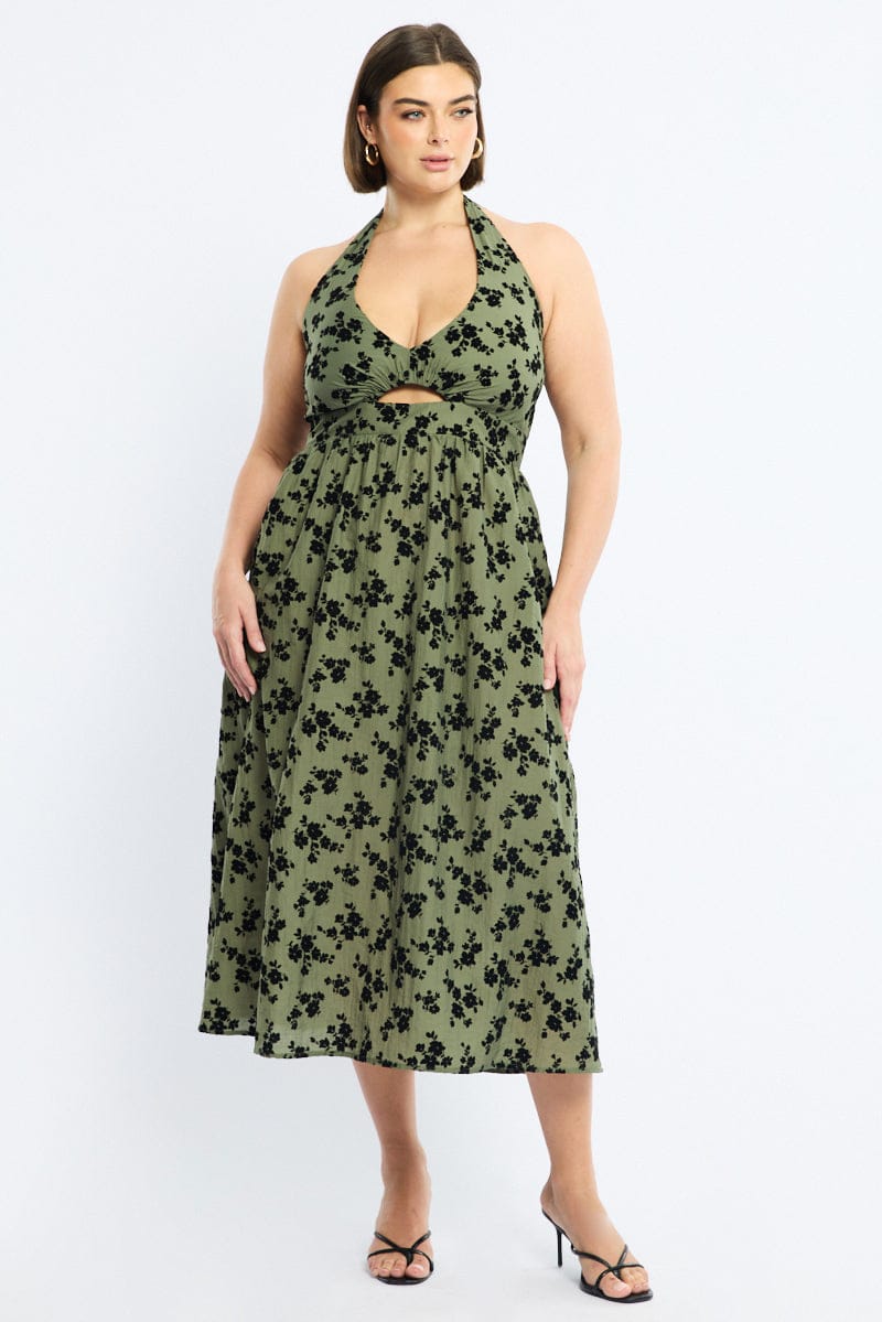Green Ditsy Midi Dress Halter Neck Sleeveless for YouandAll Fashion