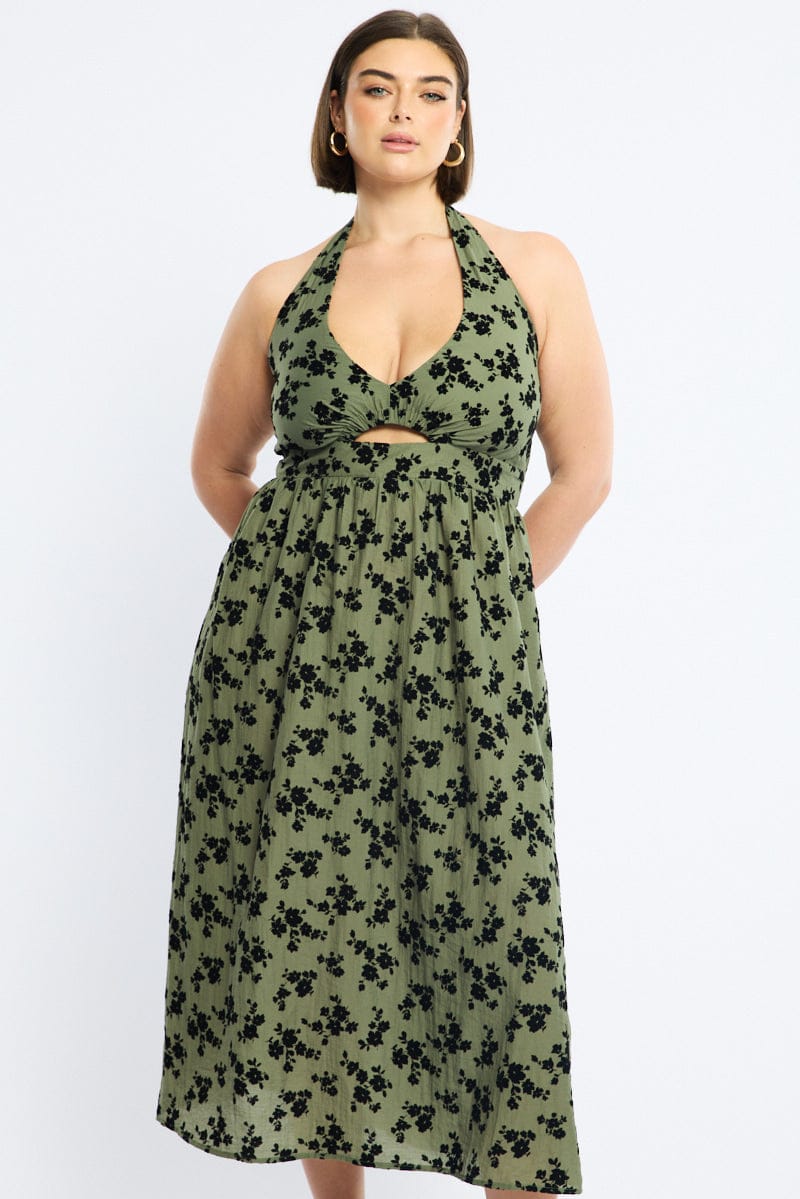 Green Ditsy Midi Dress Halter Neck Sleeveless for YouandAll Fashion