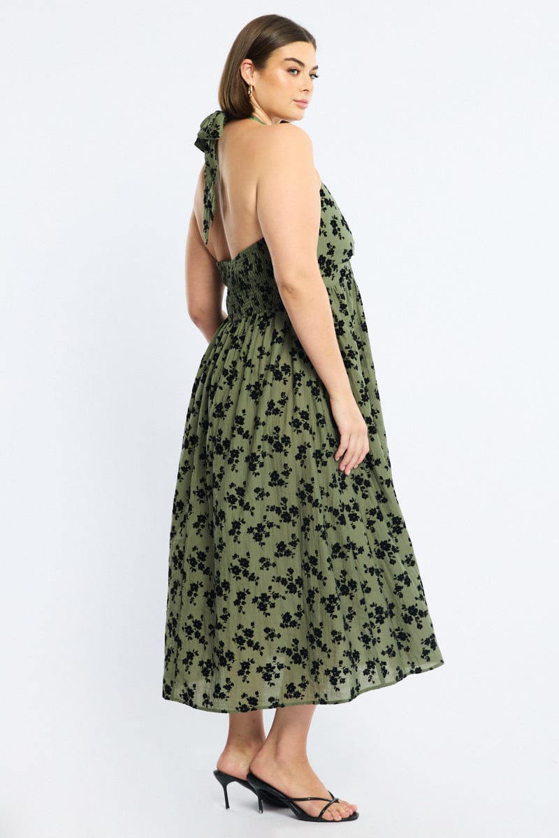 Green Ditsy Midi Dress Halter Neck Sleeveless for YouandAll Fashion