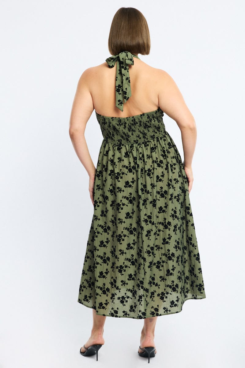 Green Ditsy Midi Dress Halter Neck Sleeveless for YouandAll Fashion