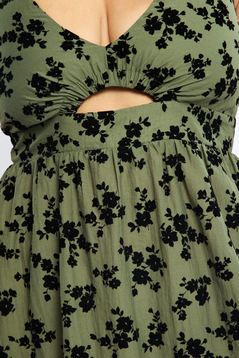 Green Ditsy Midi Dress Halter Neck Sleeveless for YouandAll Fashion