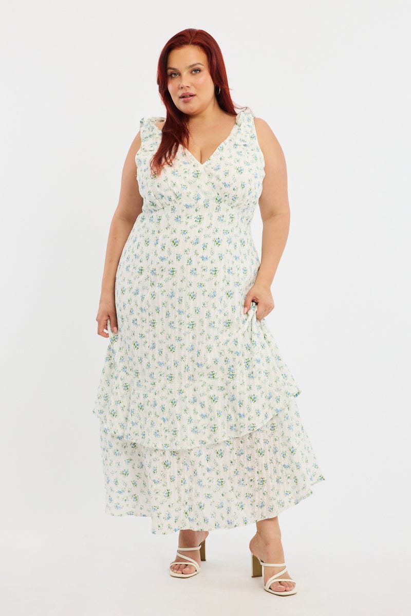 White Ditsy Midi Dress Sleeveless Shoulder Tie for YouandAll Fashion