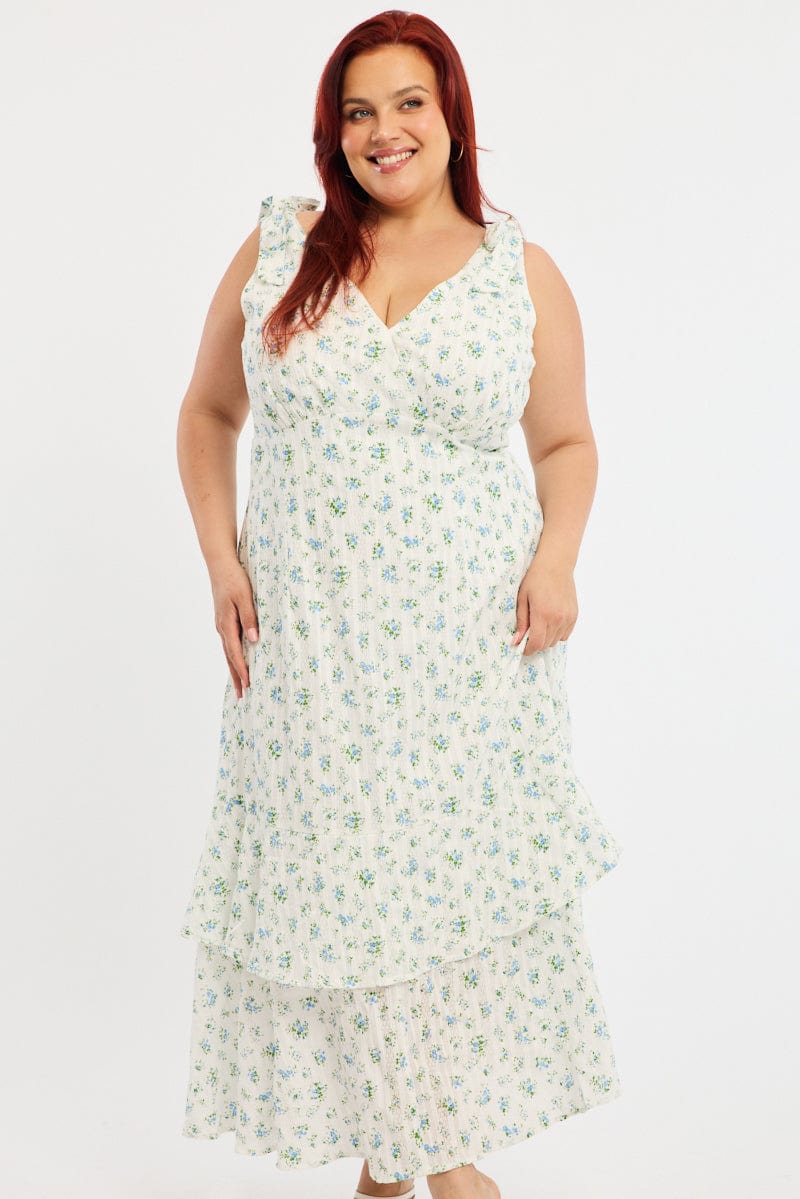 White Ditsy Midi Dress Sleeveless Shoulder Tie for YouandAll Fashion