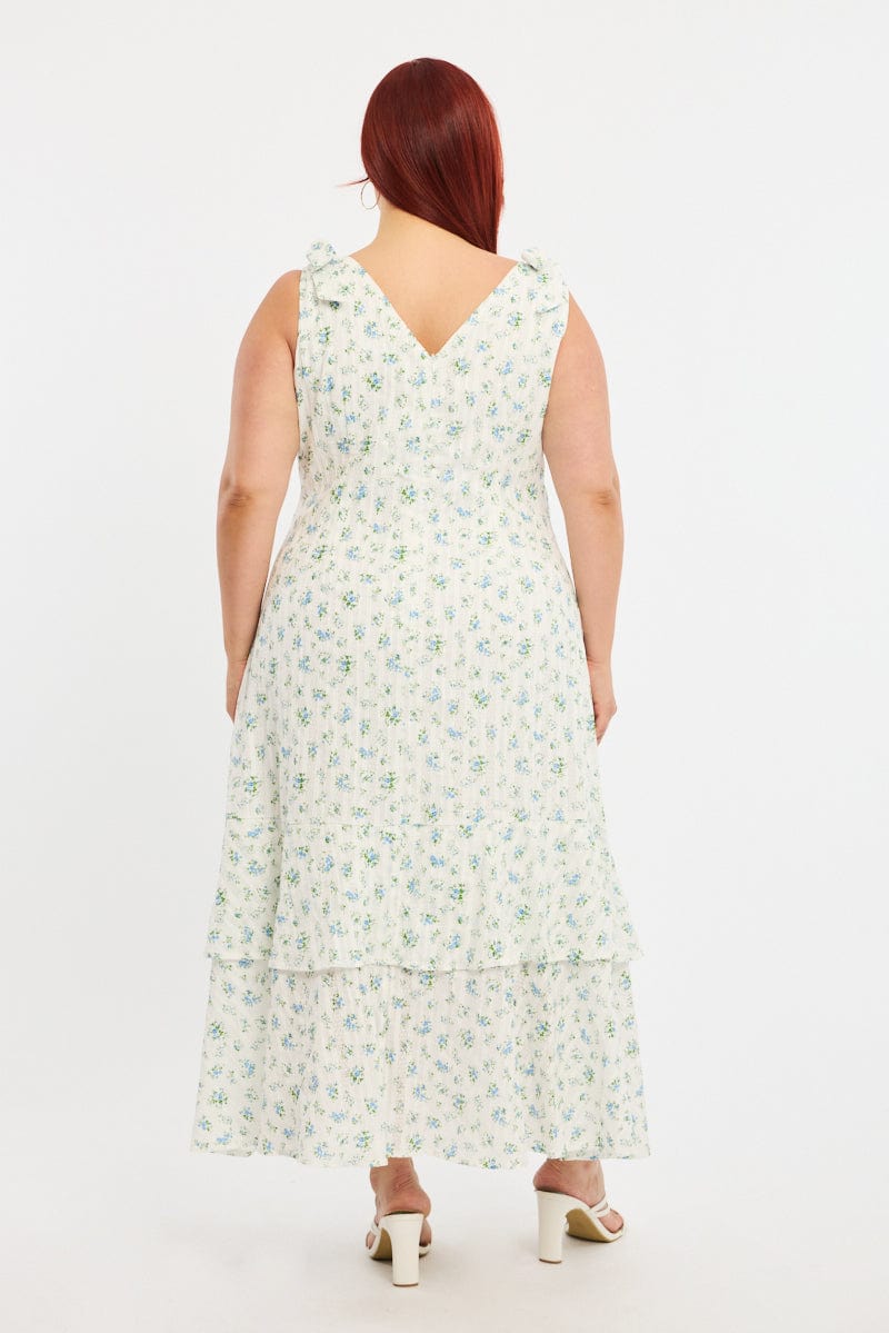 White Ditsy Midi Dress Sleeveless Shoulder Tie for YouandAll Fashion