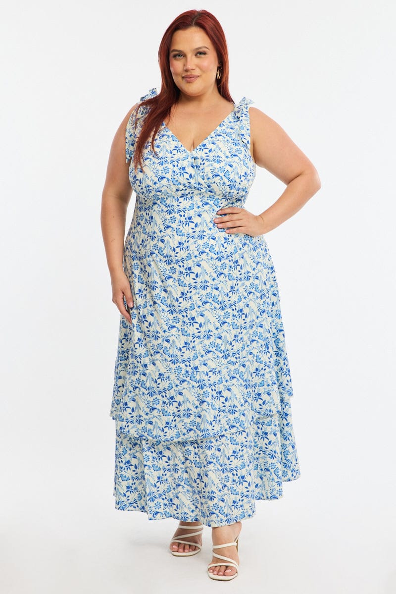 Blue Floral Midi Dress Sleeveless Shoulder Tie for YouandAll Fashion