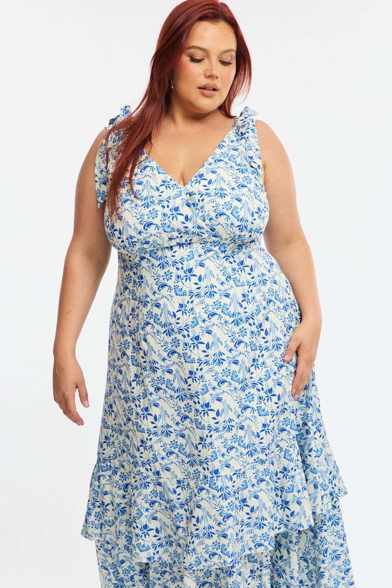 Blue Floral Midi Dress Sleeveless Shoulder Tie for YouandAll Fashion