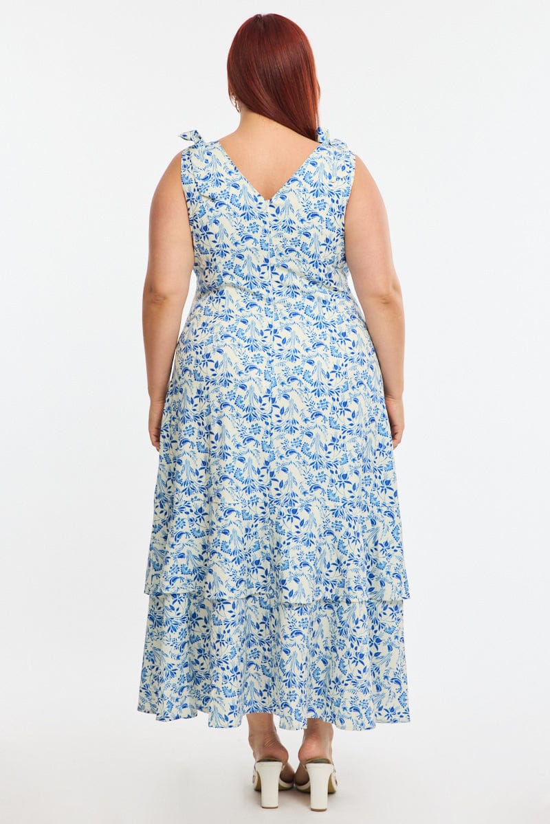 Blue Floral Midi Dress Sleeveless Shoulder Tie for YouandAll Fashion