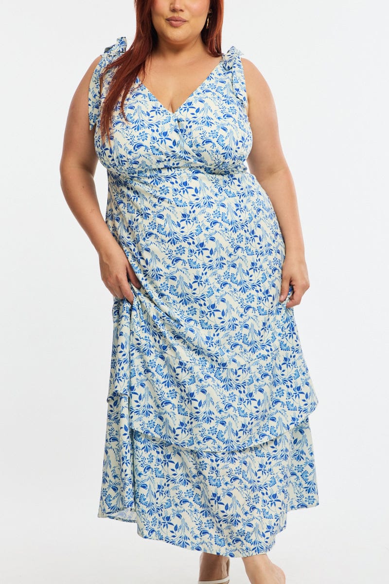 Blue Floral Midi Dress Sleeveless Shoulder Tie for YouandAll Fashion