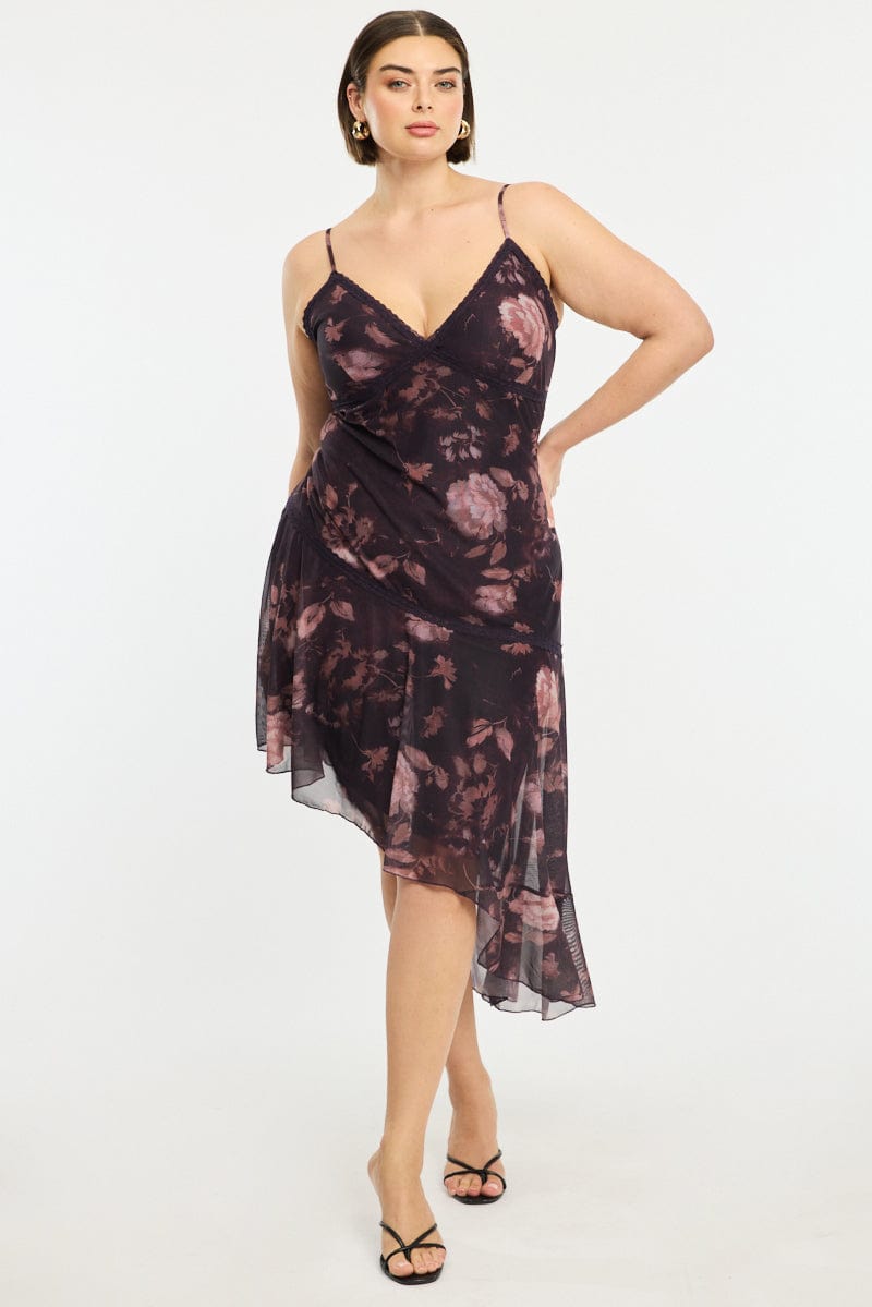 Red Floral Midi Dress Sleeveless Mesh Ruffle for YouandAll Fashion