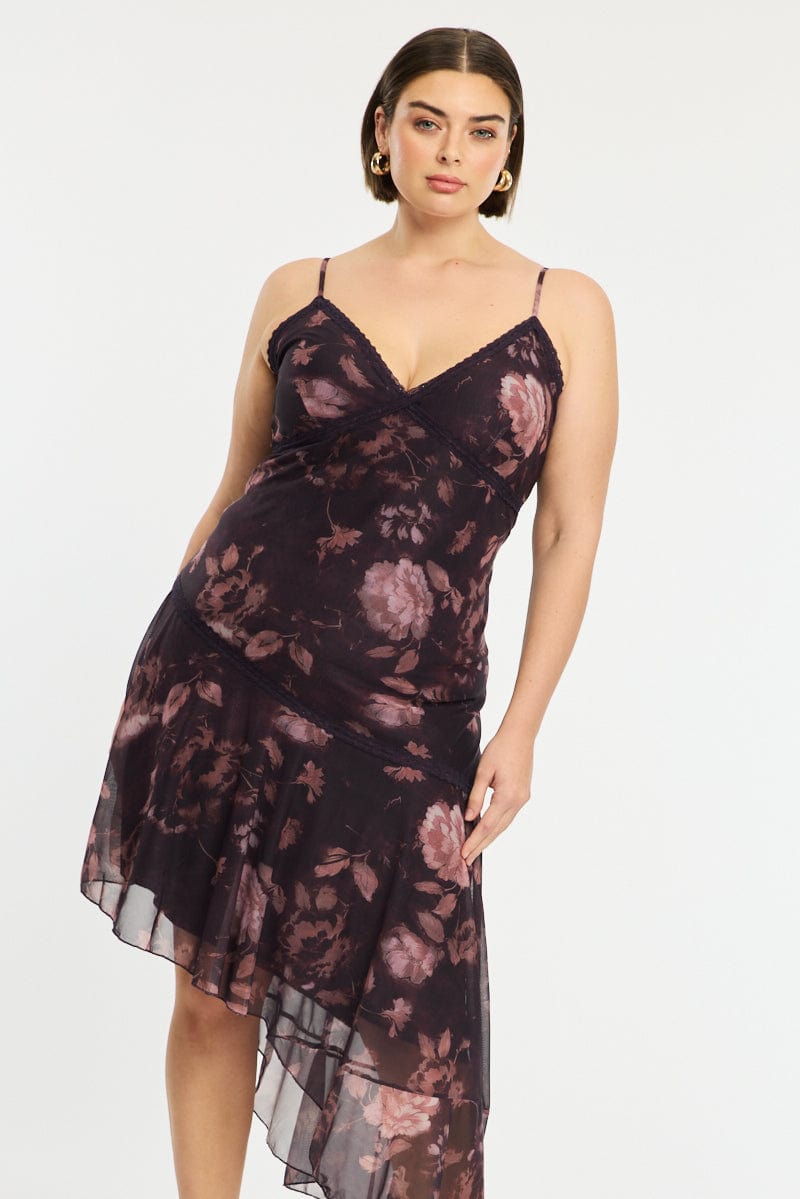 Red Floral Midi Dress Sleeveless Mesh Ruffle for YouandAll Fashion