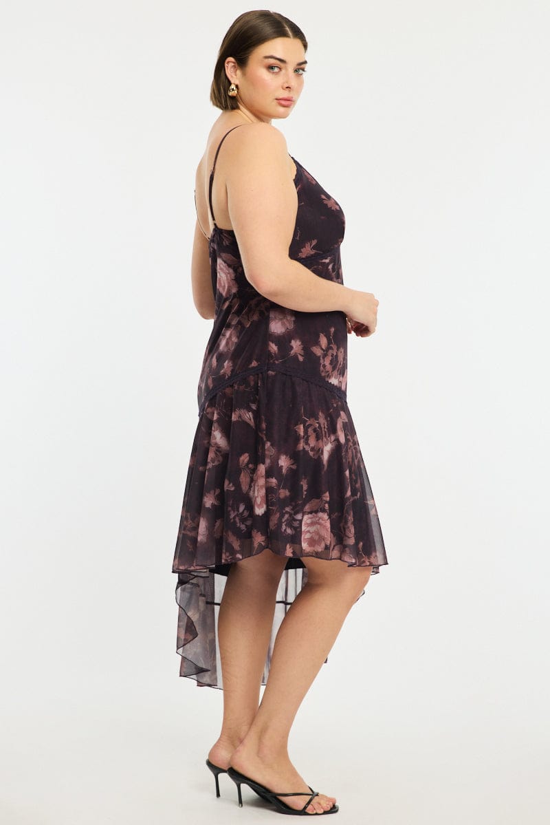 Red Floral Midi Dress Sleeveless Mesh Ruffle for YouandAll Fashion