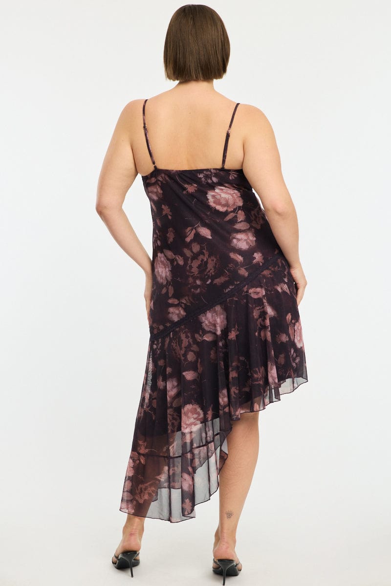 Red Floral Midi Dress Sleeveless Mesh Ruffle for YouandAll Fashion