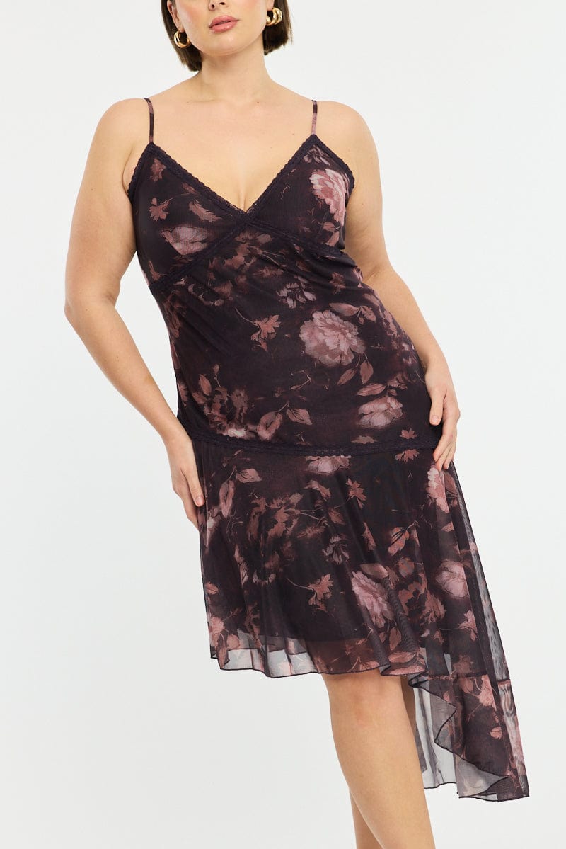 Red Floral Midi Dress Sleeveless Mesh Ruffle for YouandAll Fashion