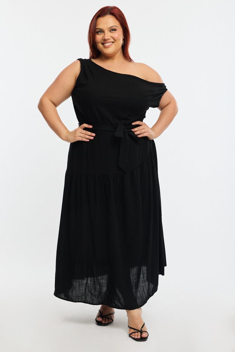 Black Maxi Dress Short Sleeve Asymmetrical Shoulder for YouandAll Fashion