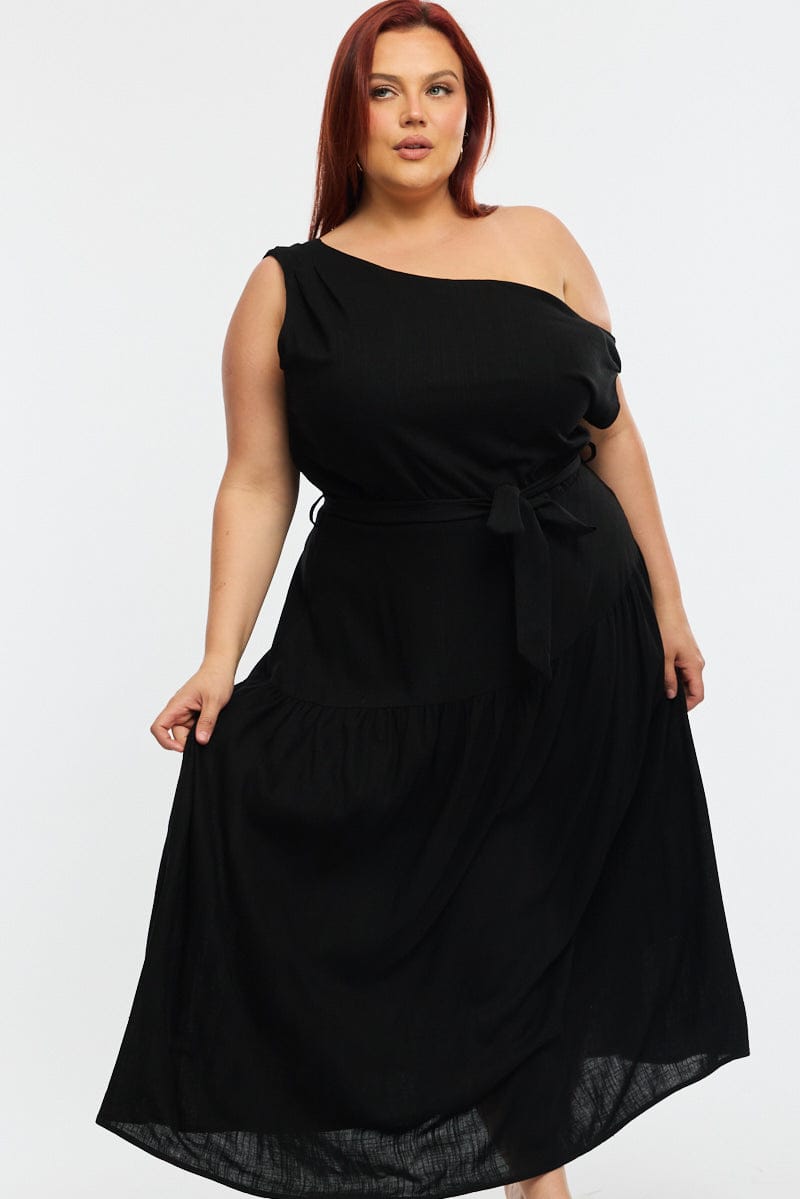 Black Maxi Dress Short Sleeve Asymmetrical Shoulder for YouandAll Fashion