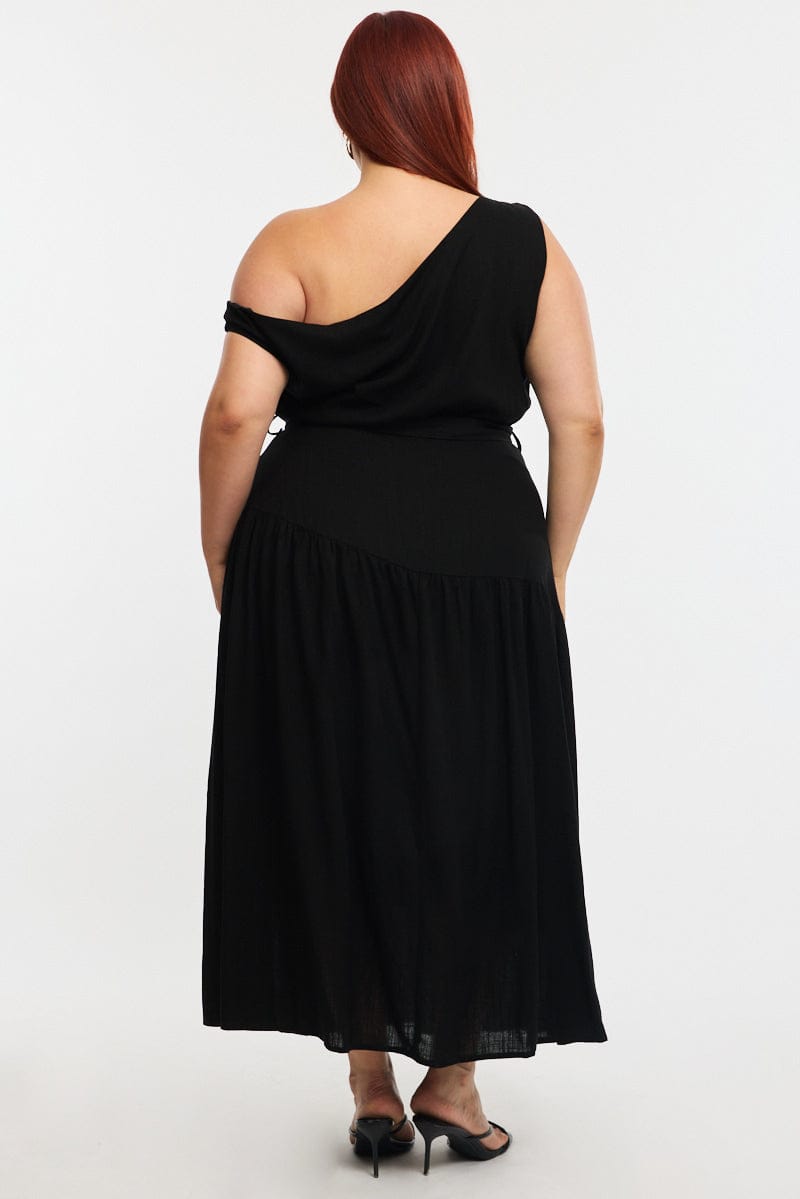 Black Maxi Dress Short Sleeve Asymmetrical Shoulder for YouandAll Fashion