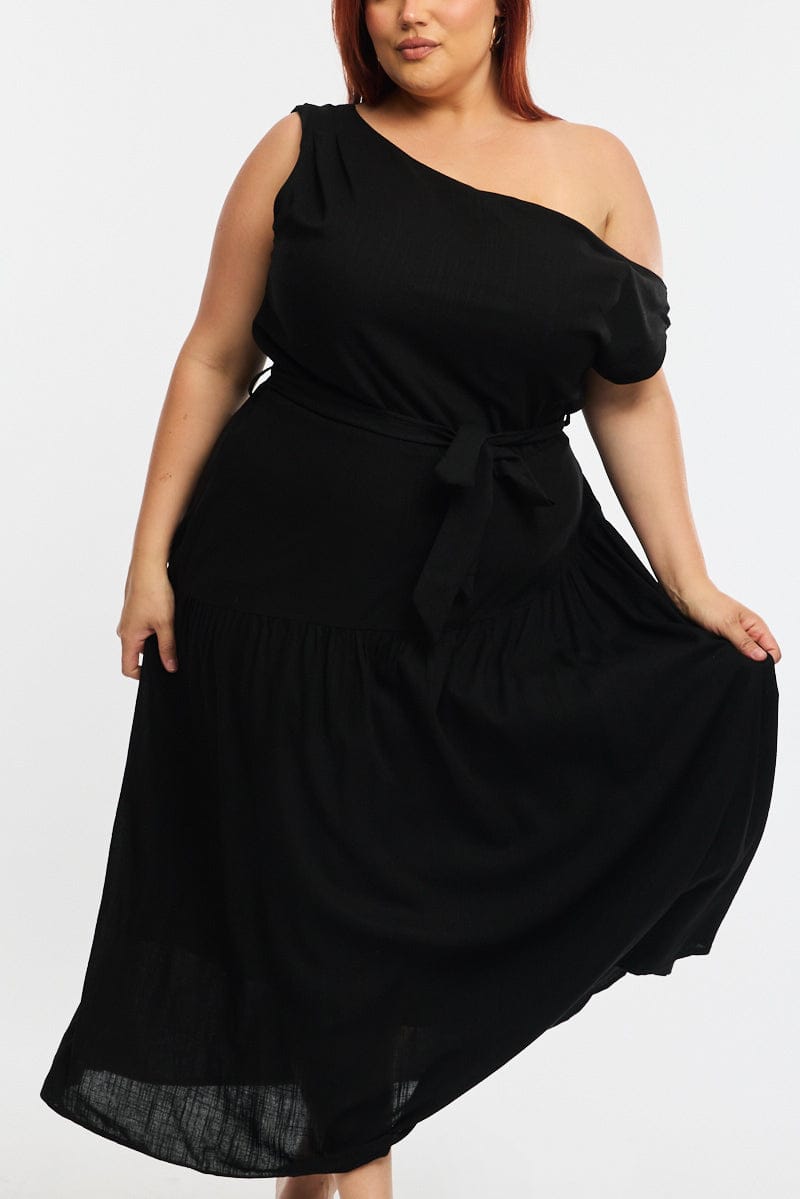 Black Maxi Dress Short Sleeve Asymmetrical Shoulder for YouandAll Fashion