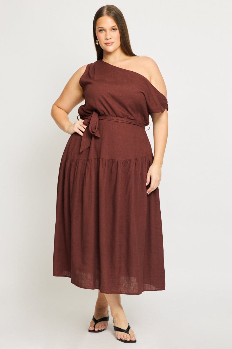 Brown Maxi Dress Short Sleeve Asymmetrical Shoulder