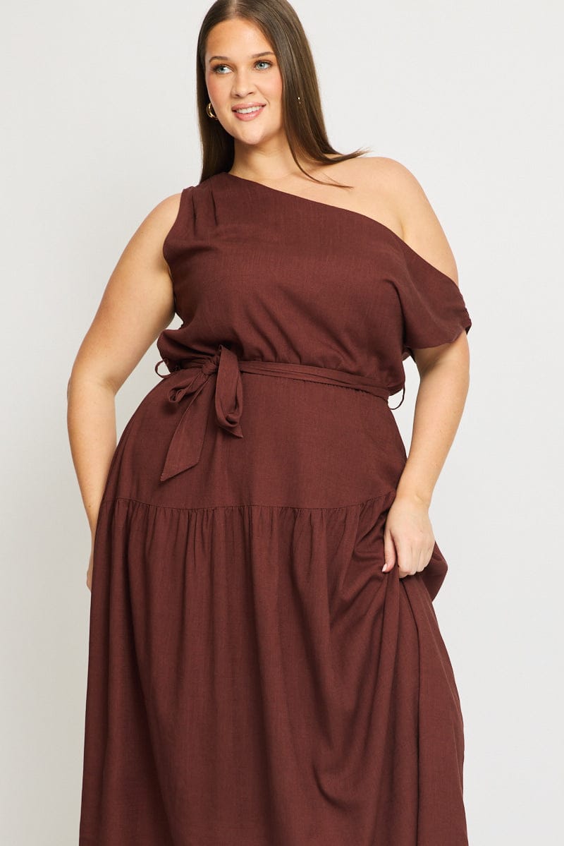 Brown Maxi Dress Short Sleeve Asymmetrical Shoulder