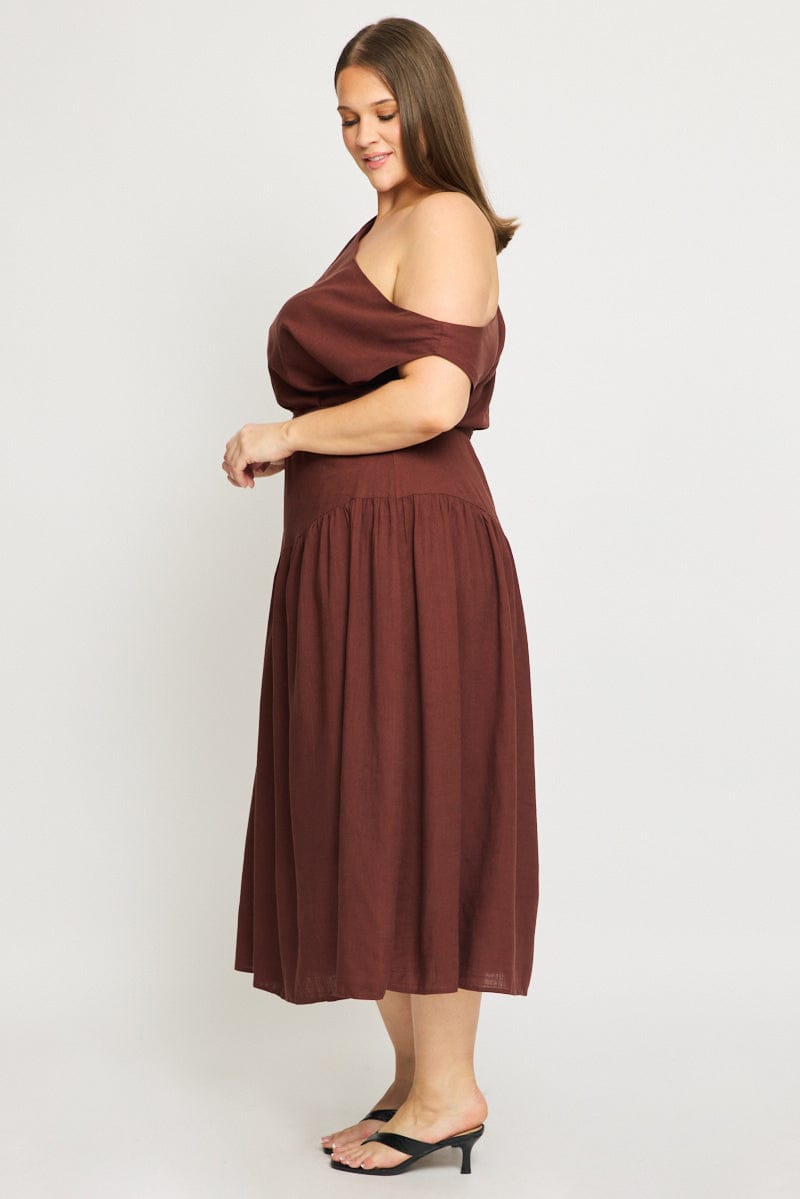 Brown Maxi Dress Short Sleeve Asymmetrical Shoulder for YouandAll Fashion