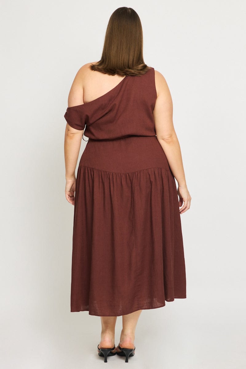 Brown Maxi Dress Short Sleeve Asymmetrical Shoulder for YouandAll Fashion