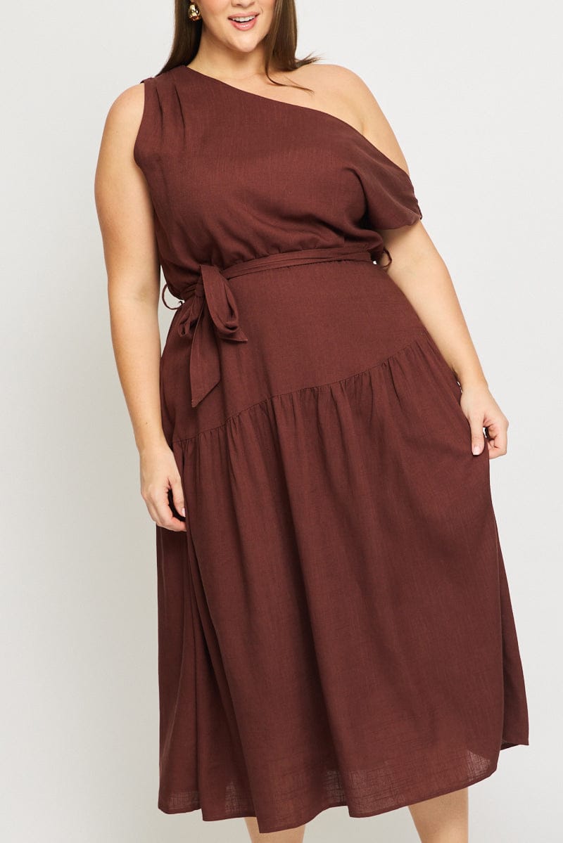 Brown Maxi Dress Short Sleeve Asymmetrical Shoulder for YouandAll Fashion