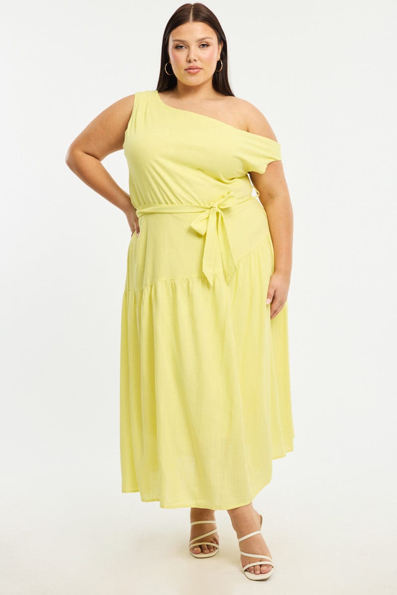 Yellow Maxi Dress Short Sleeve Asymmetrical Shoulder for YouandAll Fashion