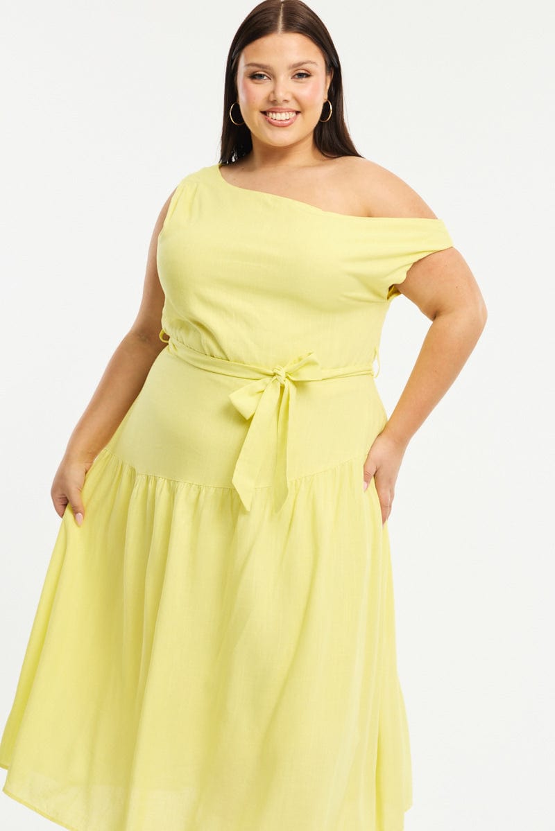 Yellow Maxi Dress Short Sleeve Asymmetrical Shoulder for YouandAll Fashion