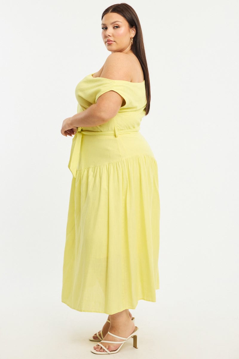 Yellow Maxi Dress Short Sleeve Asymmetrical Shoulder for YouandAll Fashion