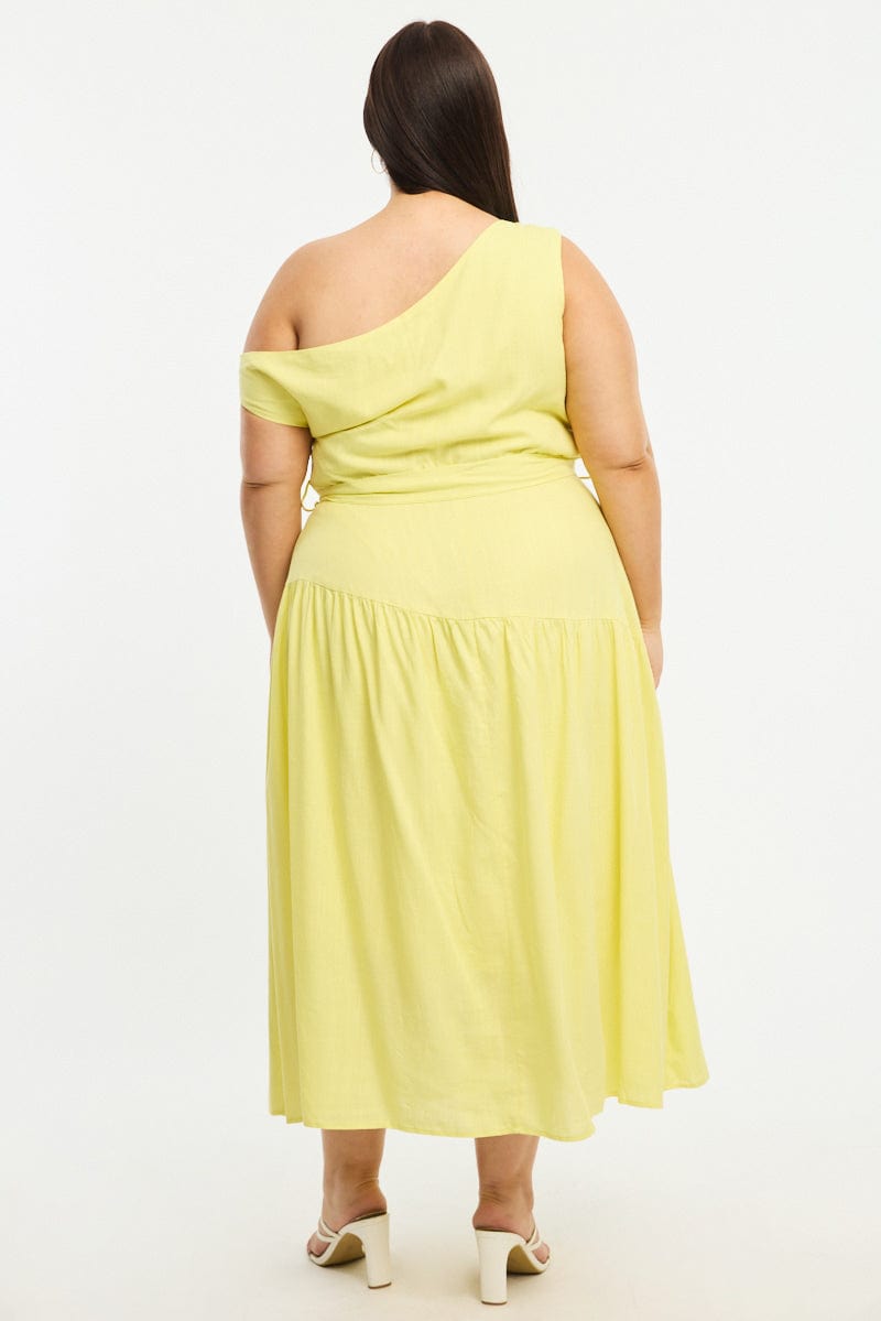 Yellow Maxi Dress Short Sleeve Asymmetrical Shoulder for YouandAll Fashion