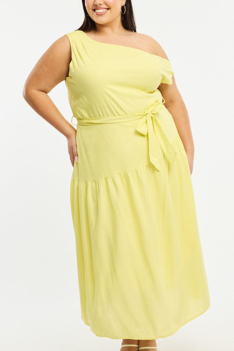 Yellow Maxi Dress Short Sleeve Asymmetrical Shoulder for YouandAll Fashion