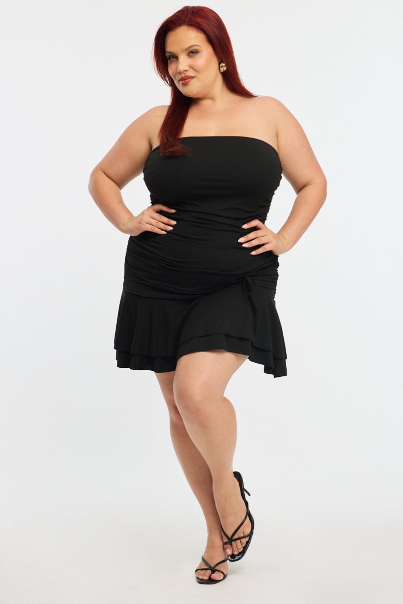 Black Mini Ruffle Dress Strapless Ruched Jersey