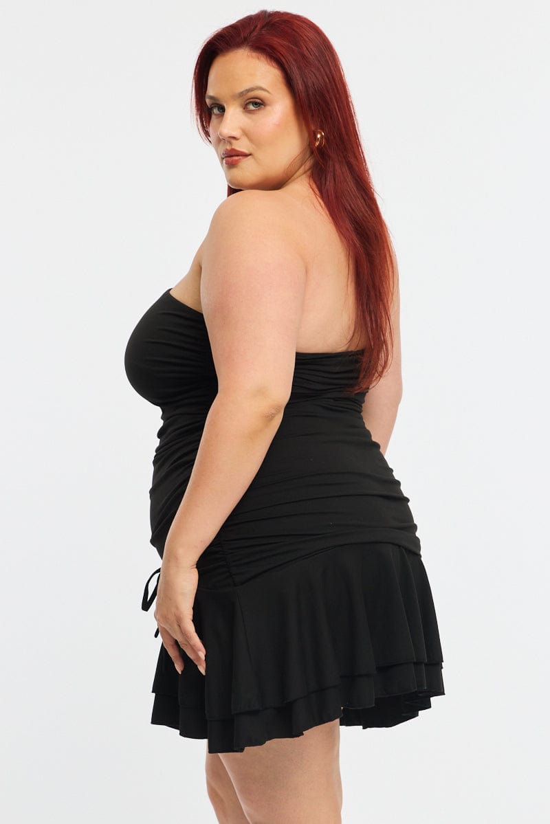 Black Mini Ruffle Dress Strapless Ruched Jersey for YouandAll Fashion