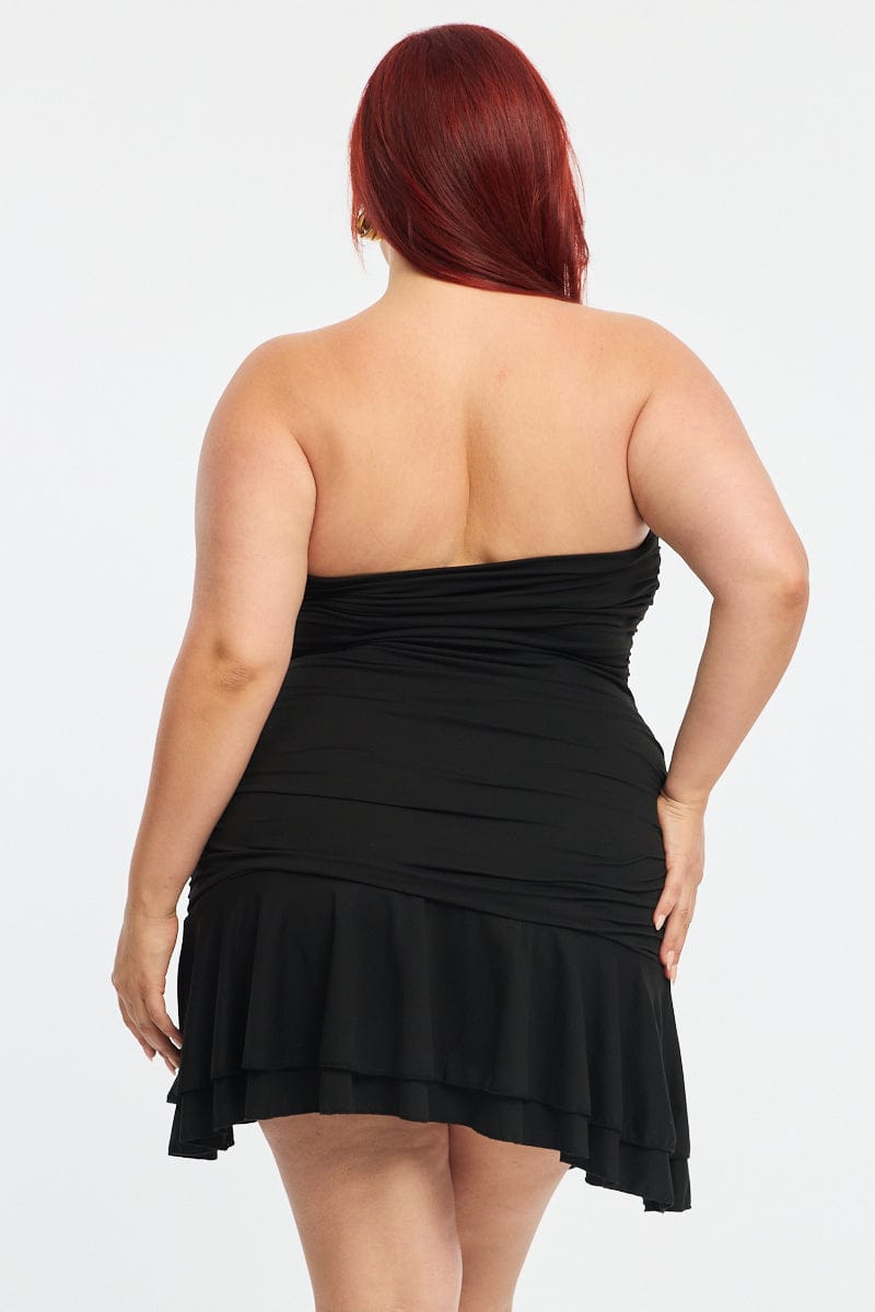 Black Mini Ruffle Dress Strapless Ruched Jersey