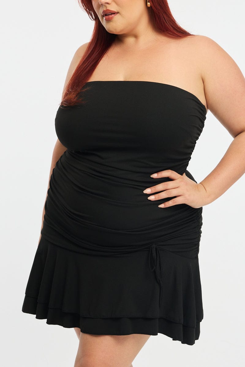 Black Mini Ruffle Dress Strapless Ruched Jersey for YouandAll Fashion
