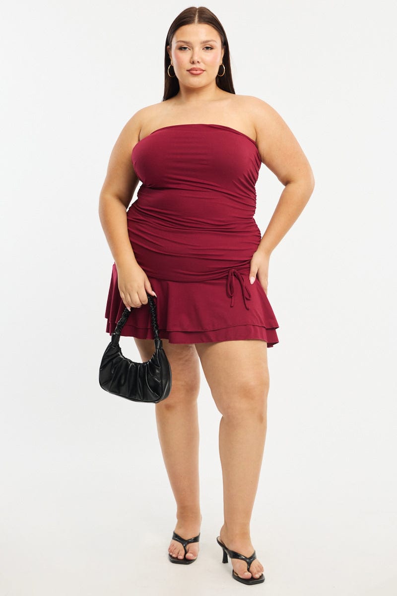 Red Mini Ruffle Dress Strapless Ruched Jersey for YouandAll Fashion