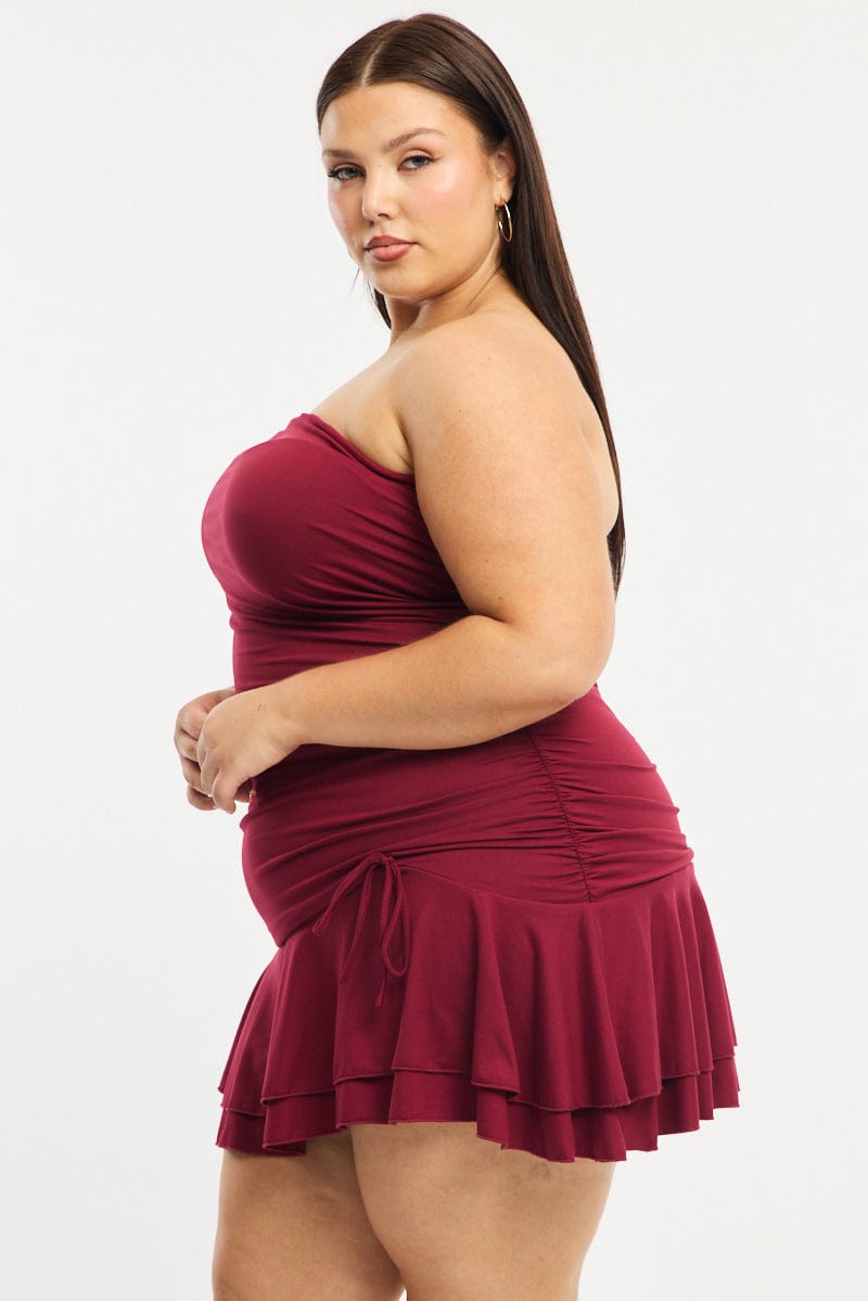 Red Mini Ruffle Dress Strapless Ruched Jersey for YouandAll Fashion