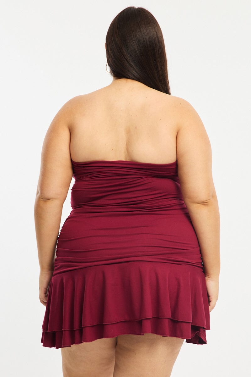 Red Mini Ruffle Dress Strapless Ruched Jersey for YouandAll Fashion