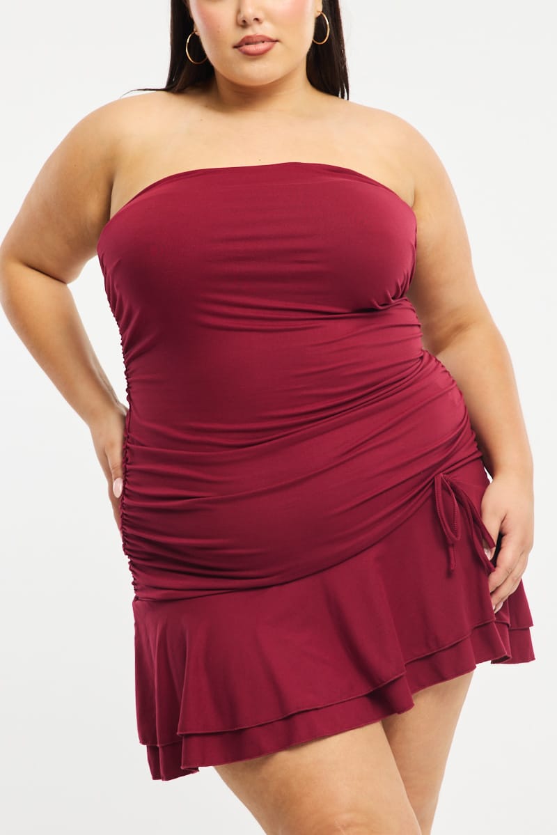 Red Mini Ruffle Dress Strapless Ruched Jersey for YouandAll Fashion