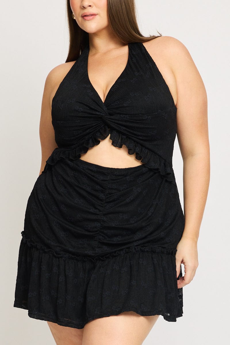 Black Mini Lace Dress Halter Neck Cut Out for YouandAll Fashion