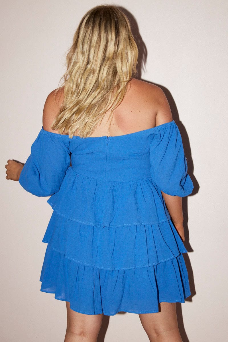 Blue Tiered Crinkle Puff Sleeve Mini Dress for YouandAll Fashion