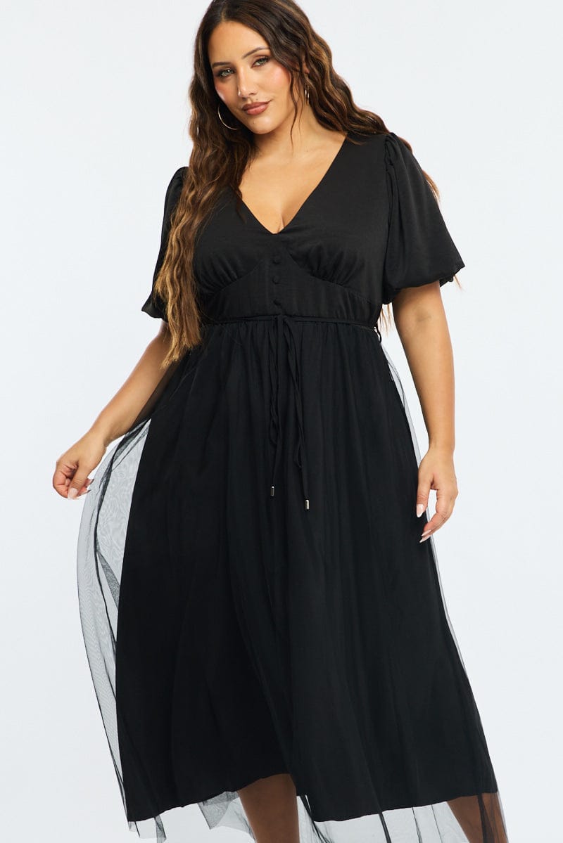 Black Midi Dress Short Sleeve Tulle
